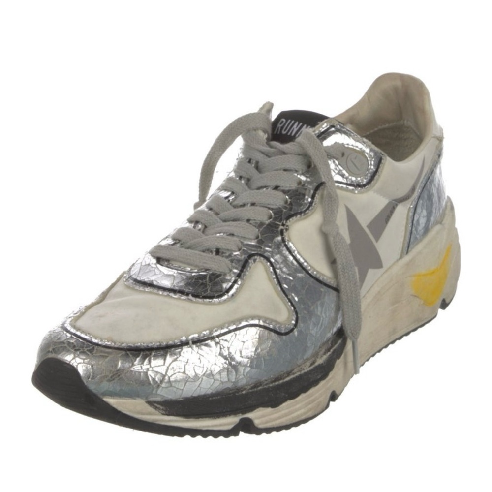 Golden Goose Metallic Silver and White Sneakers